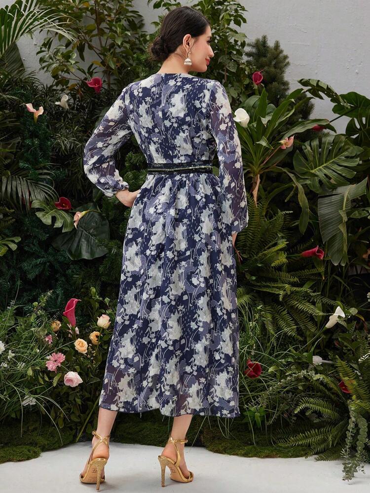 Women's Floral Print Lantern Sleeve Dress Long Evening Dresses Fall Cloth For Women