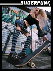 Sugerpunk Rock Phong cách Màu bạc Chuỗi Gothic Thời trang Dày Đế Giày dép - màu đen - Xem 3