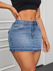 SHEIN ICON Washed Tight-Fitting Denim Mini Skirt With Frayed Hem - Medium Wash - View 4