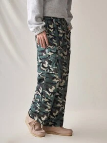 Manfinity VCAY 男士迷彩印花貨物織物長褲 - 軍綠色 - 查看 3