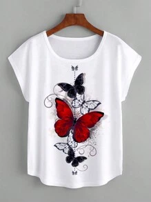 INAWLY Butterfly Printed Batwing Sleeve T-Shirt Graphic Tees Women Tops - White - View 4