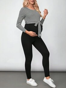SHEIN Thai sản Sọc Tay áo dài Áo liền quần - Xám - Xem 3