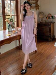 DAZY Của phụ nữ Màu thuần Xếp li Cami Váy ngủ - Màu tím - Xem 5