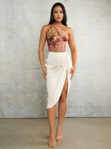 Silquee 春季服装抽象花卉网眼印花单肩镂空褶皱紧身弹力假日女式紧身衣 - 彩色 - 查看 3