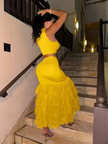 VaVaBold Solid Color Stand Collar Tank Top & Multi-Layer Ruffle Hem Skirt Two-Piece Set