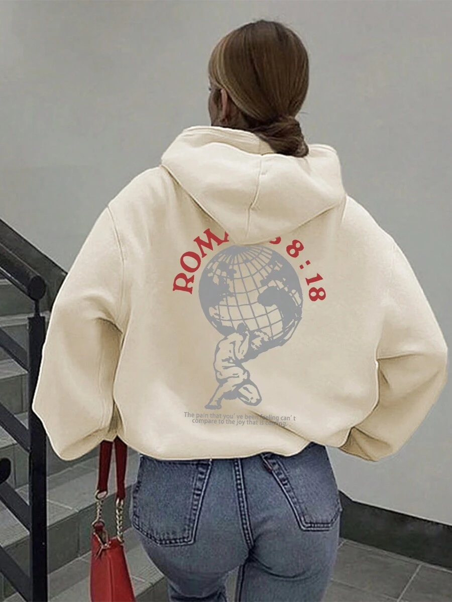 字母印花掉肩帽衫,休閒風格 - 杏色 - 查看 1