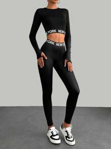 RueChic Letter Graphic Thumb Holes Crop Tee & Leggings - Black - View 3
