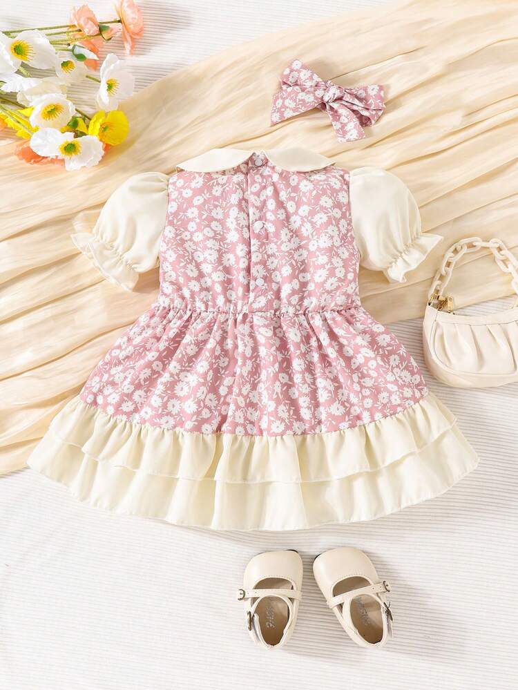 Baby Girl Floral Patchwork Bubble Sleeve Dress With Ruffle Hem For Summer