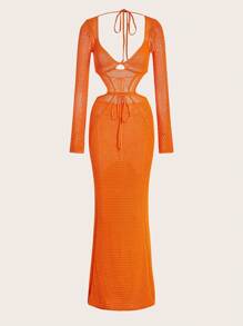Silquee Vestido Comprido Feminino Laranja Crochê de Manga Longa, Cintura Vazada, Decote Sexy, Gola Gravatinha, Roupas de Primavera e Verão, Vestido de Médio Comprimento - Laranja - Visão 8