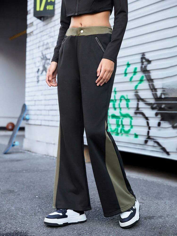 Color-Block Wide Leg Athletic Pants With Slanted Pockets