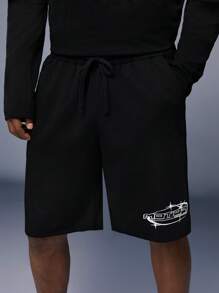Mainfolk Men's Letter Printed Hollow Out Sleeve T-shirt With Shorts Set - Black - View 6