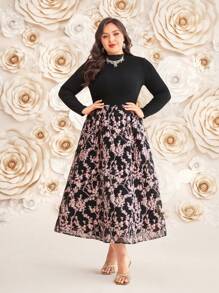 Modelyn Plus Size Solid Color Top And Floral Print Skirt Two-Piece Set 2 Piece Set