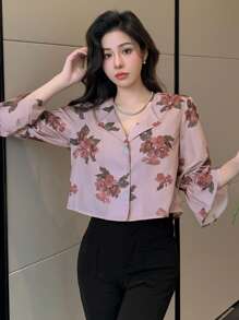 DAZY Women's Floral Printed Ruffle Hem Blouse With Flounce Sleeves,Long Sleeve Tops Fall - Pink - View 3