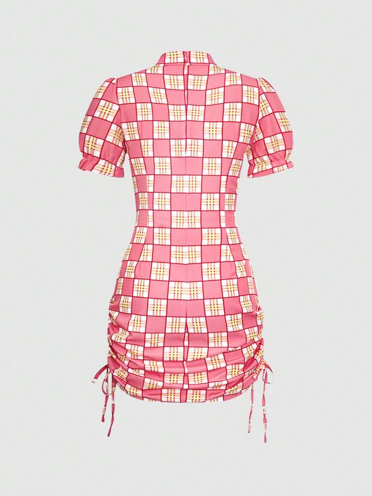 Cheongsam Buttoned Short Sleeve Drawstring Detail Dress