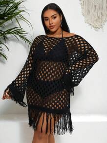 Swim Lushoire Summer Beach 1pc Plus Size Knitted Cover Up Dress With Fringe Decoration And Hollow Out Design - Black - View 6