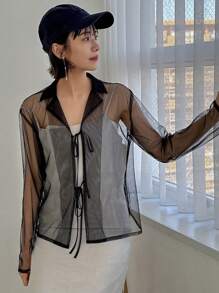 FRIFUL Designer Áo thun nữ tay dài mỏng và trong suốt có thắt lưng với thiết kế tinh tế - Màu xanh lam - Xem 8