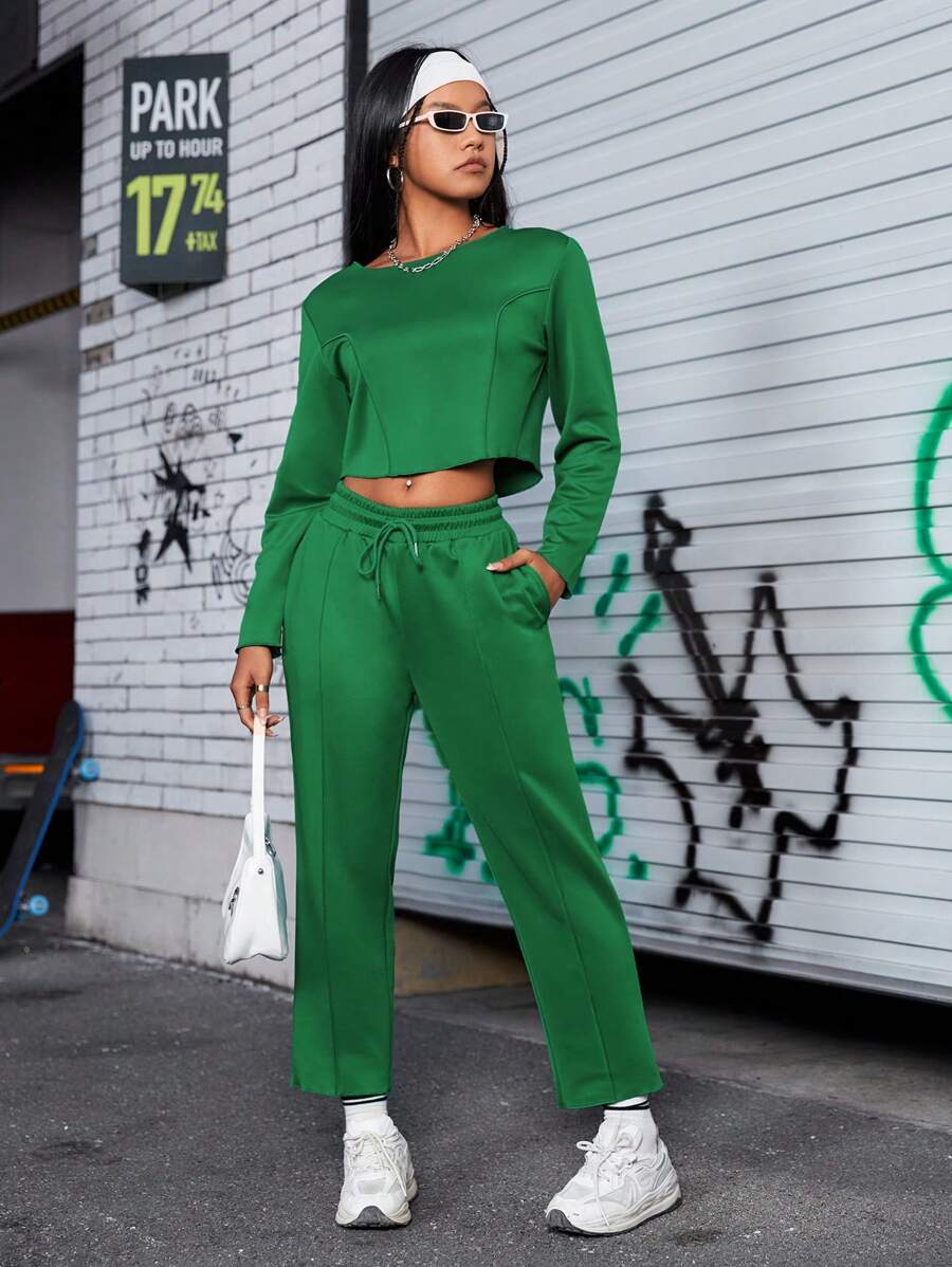 SHEIN Sports Solid Color Comfortable Casual Sportswear Suit Women Tracksuit - Green - View 1