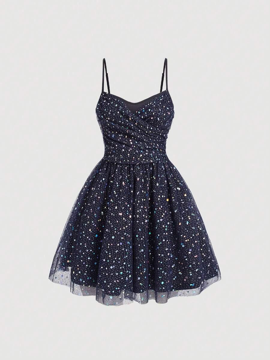 SHEIN MOD Women's Glitter Mesh Cami Dress - Navy Blue - View 1