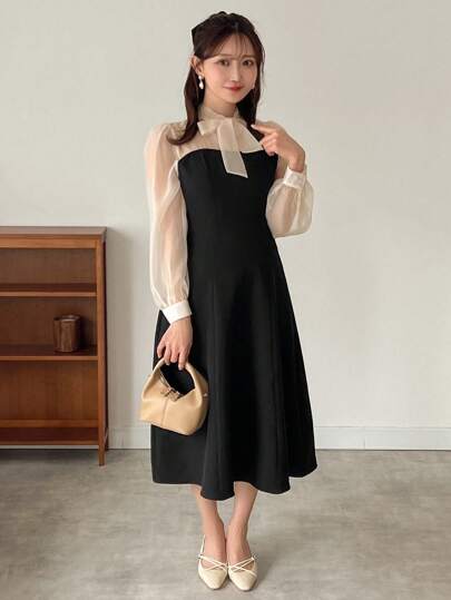 FRIFUL 女式拼色系带V领长袖连衣裙，秋季连衣裙