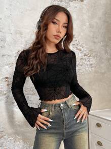 SHEIN EZwear 蜘蛛絨透視短上衣 - 黑色 - 查看 4