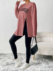 SHEIN Essnce Của phụ nữ In thư Viền chia cắt Áo thun Và Chặt Quần Hai chiếc Bộ - Bụi hồng - Xem 6