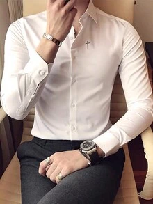 Calvornis Camisa De Manga Larga Con Diseño Estampado De Cruz Para Hombre - Blanco - Ver 5