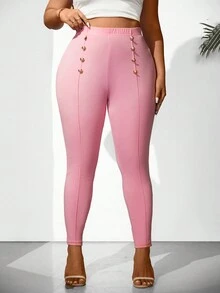 Calvaya Plus High Waist Button Detail Skinny Pants - Pink - View 5