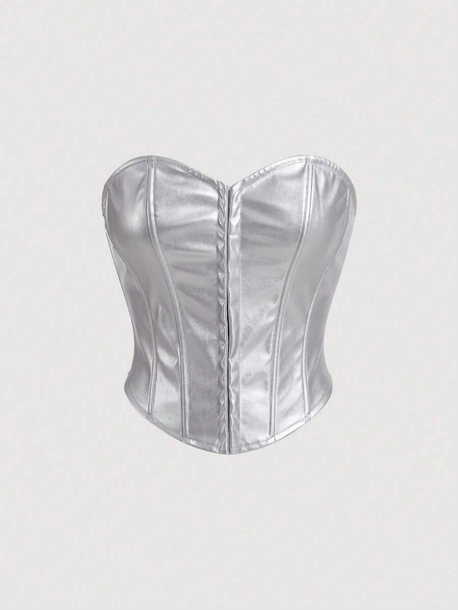 SHEIN MOD Women's Silver Buckled Front Fashion Strapless Top - Silver - View 1