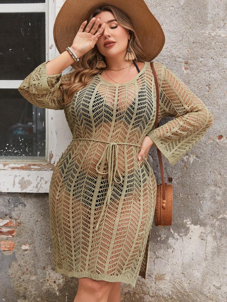 Plus Size Women's Hollow Out Long Sleeve Sweater Dress Fall Cloth For Women