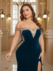 SHEIN Belle Váy dạ hội hở vai thêu sequin & hạt cườm cỡ lớn xẻ cao, trang trọng thanh lịch, dự tiệc cưới, tốt nghiệp, tiệc tối - Xanh đậm - Xem 5