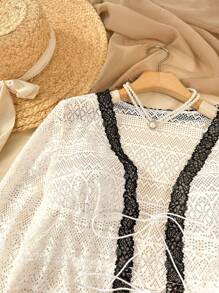 Soleia Camisa De Mujer Con Cordones Frontales De Encaje Y Patchwork De Bloques De Color - Blanco y Negro - Ver 5