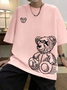 Manfinity Hypemode Nam Hình con gấu hoạt hình Thả vai Áo thun - Hồng - Xem 1