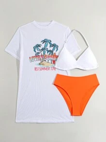 Teen Girl Triangle Halter Top And Triangle Bikini Bottom Bikini Set With Coconut Tree And Letter Pattern Cover Up 3pcs Summer Beach - Multicolor - View 5