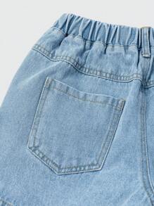 青少女彈性腰帶前扣環包覆式牛仔裙短褲 - 中等水洗藍 - 查看 4