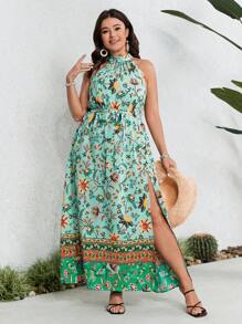 SHEIN VCAY Plus Size Women's Printed Halter Dress With High Split