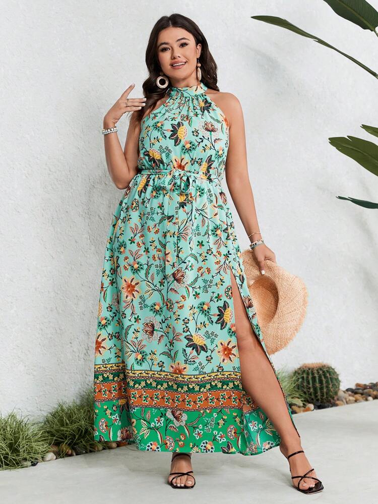 Plus Size Women's Printed Halter Dress With High Split