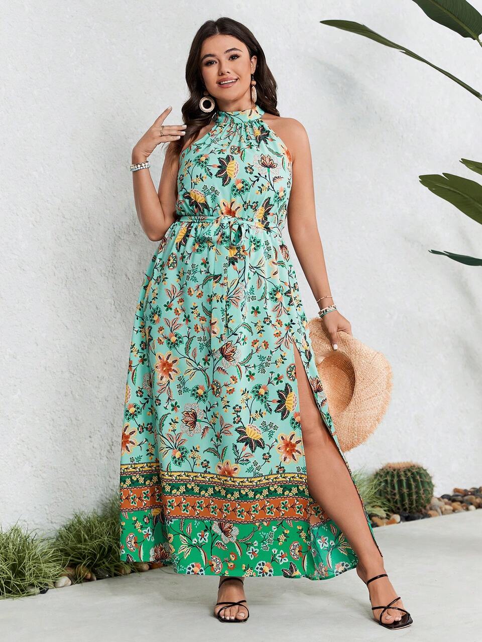 Plus Size Women's Printed Halter Dress With High Split