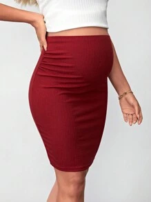 SHEIN Falda tubo de punto acanalado de unicolor para maternidad - Burdeos - Ver 5
