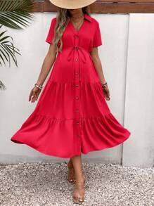 SHEIN 孕婦翻領單排釦短袖連衣裙 - 紅色 - 查看 5