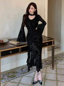 DAZY 植绒提花V领荷叶边下摆喇叭袖侧开衩连衣裙，生日舞会礼服，秋季长袖连衣裙，优雅女士连衣裙 - 黑色 - 查看 5