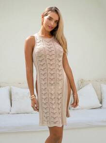 SHEIN VCAY Solid Color Sleeveless Knitted Dress With Side Slit - Apricot - View 3