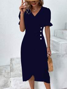 SHEIN Clasi Maxikleid für Damen mit Wickel-V-Ausschnitt und Knopfleiste vorne