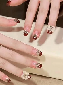 30pcs Burgundy French Manicure Artificial Nails With Gradient Glitter Crystals Rhinestone Coffin Shaped Short False Nails, 1 Base Nail File, 1 Pc Nail Gel Press On Nails