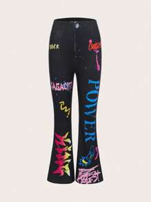 SHEIN Thiếu niên cô gái Đồ họa Chữ cái Quần ống loe - màu đen - Xem 1