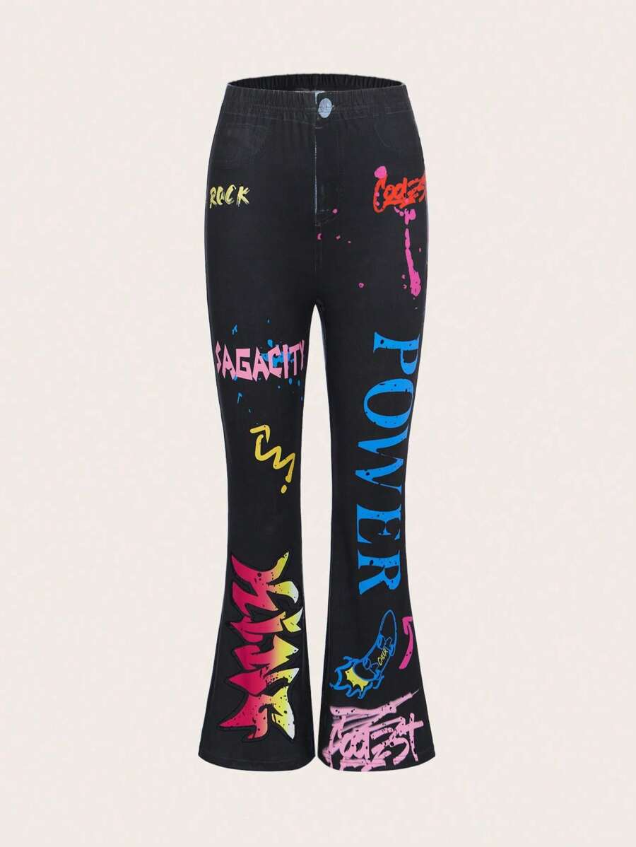 SHEIN Thiếu niên cô gái Đồ họa Chữ cái Quần ống loe - màu đen - Xem 1