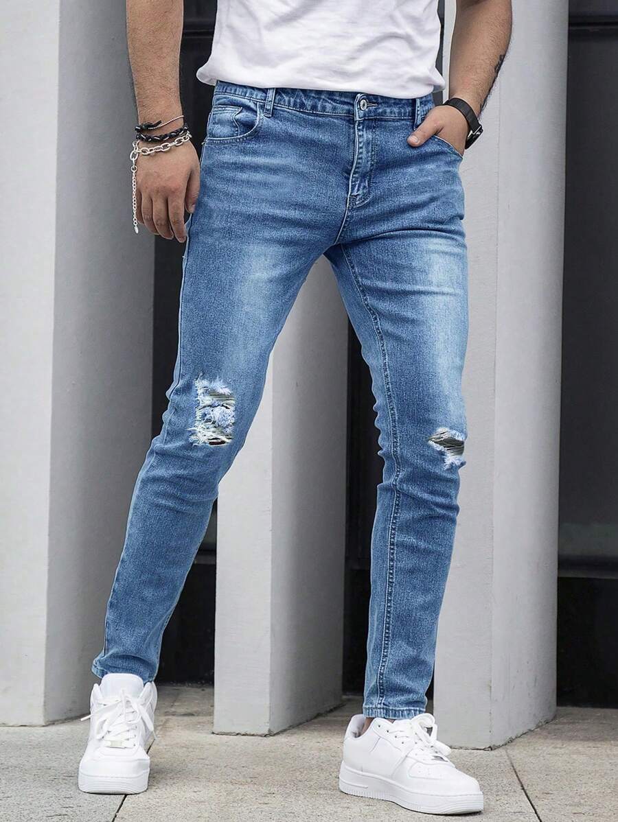 Men's Slim Fit Distressed Washed Denim Jeans - Dark Wash - View 1