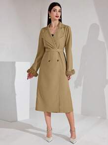 Modelyn Women'S Double-Breasted Hairball Cuff Trench Coat With Patchwork Design - Khaki - View 3