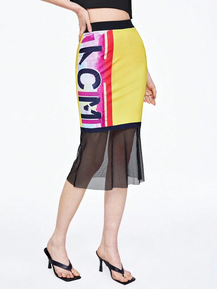 SHEINNeu Summer Ladies' Sheer Mesh Skirt With Letter Print - Yellow - View 1