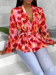 Zolique 女士長袖襯衫,褶邊設計 - 紅色 - 查看 3