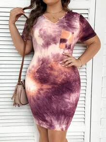 SHEIN LUNE Plus Size Women's Short Sleeve Short Length Tie Dye Print Dress With Notch V-Neck, Casual - Multicolor - View 5
